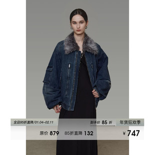 UNSPOKEN毛领拼接牛仔外套女冬季2025新款宽松显瘦高级设计感上衣