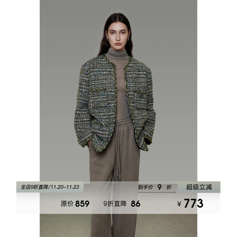 UNSPOKEN复古简约无领小香风毛呢外套女冬季时尚气质短款羊毛大衣