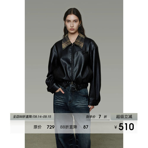 UNSPOKEN经典格纹拼接翻领皮衣外套女秋季宽松设计感短款机车夹克