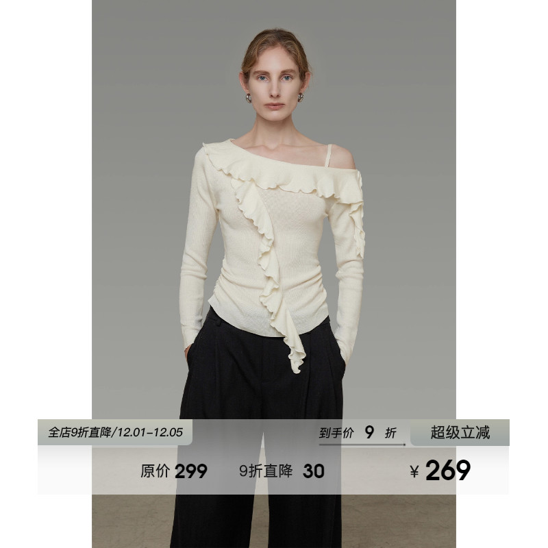 UNSPOKEN荷叶边斜肩针织衫