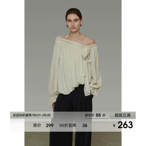 UNSPOKEN法式不规则斜肩衬衫女秋季2026新款设计感系带露肩上衣