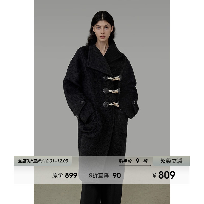 UNSPOKEN黑色牛角扣长款大衣