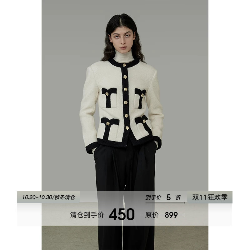 UNSPOKEN复古撞色小香风外套女冬季2026新款设计感短款羊毛上衣