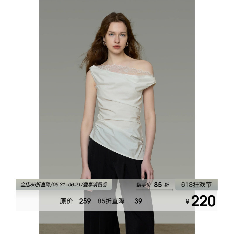UNSPOKEN法式斜肩上衣女短袖蕾丝拼接设计感小众显瘦气质套头衬衫