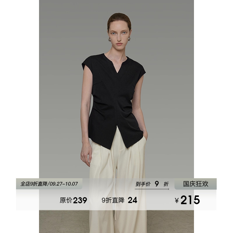 UNSPOKEN简约高级感V领短袖T恤女2025夏季新款修身显瘦气质上衣