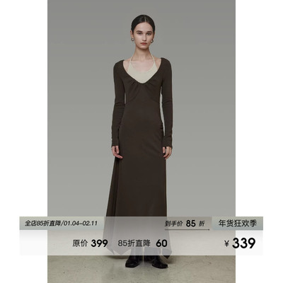 UNSPOKEN假两件挂脖修身连衣裙女春季2026新款修身显瘦气质长裙子