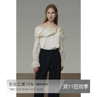 UNSPOKEN法式一字领衬衫女露肩气质长袖显瘦设计感小众一字肩上衣