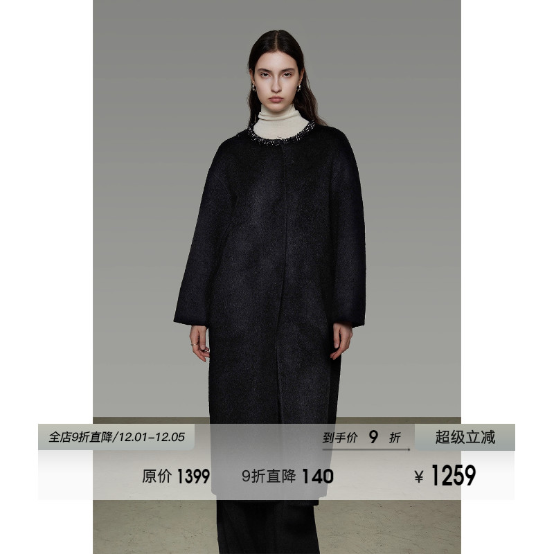 UNSPOKEN绵羊毛圆领毛呢外套女冬季新款简约高级感长款呢子大衣