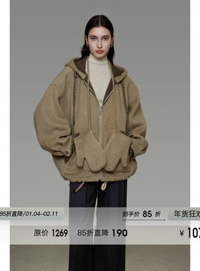 UNSPOKEN100羊毛两面穿连帽双面呢外套女原创设计感短款毛呢大衣