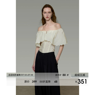 UNSPOKEN一字肩衬衫女短袖露肩气质活页领小众设计感法式显瘦上衣
