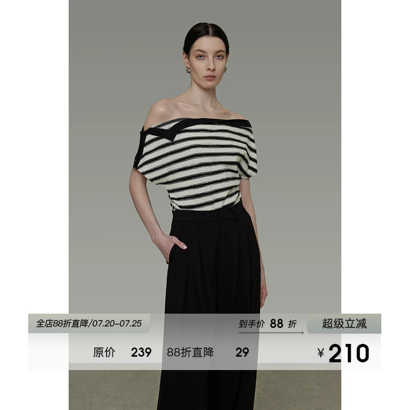 UNSPOKEN设计感不规则一字肩条纹针织短袖女2026夏季新款露肩上衣