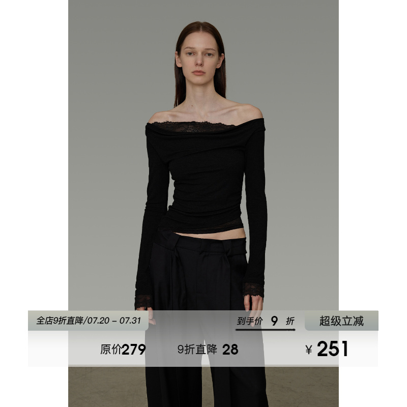 UNSPOKEN蕾丝拼接一字肩针织衫女2025秋季新款简约高级感修身上衣