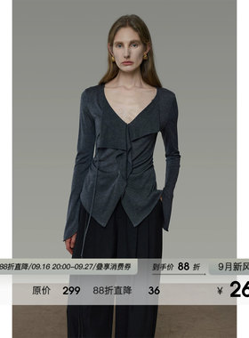 UNSPOKEN气质飘带针织衫女长袖设计感小众修身V领收腰高级感上衣