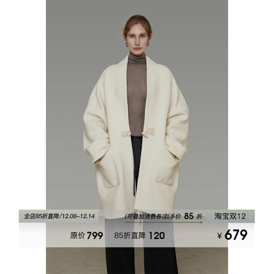 UNSPOKEN一字扣单面呢外套女冬季2025新款慵懒随性中长款毛呢大衣