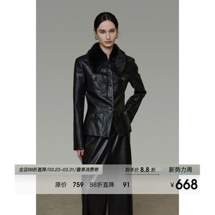 修身 皮衣女秋冬2026新款 显瘦设计感上衣 西装 UNSPOKEN毛领拼接短款