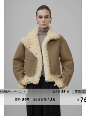 UNSPOKEN巴恩风皮毛一体外套女冬2025新款加绒加厚大翻领夹克上衣