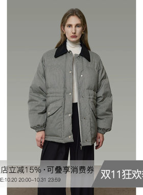 UNSPOKEN复古皮质翻领羽绒服女90白鸭绒保暖千鸟格撞色高级感外套