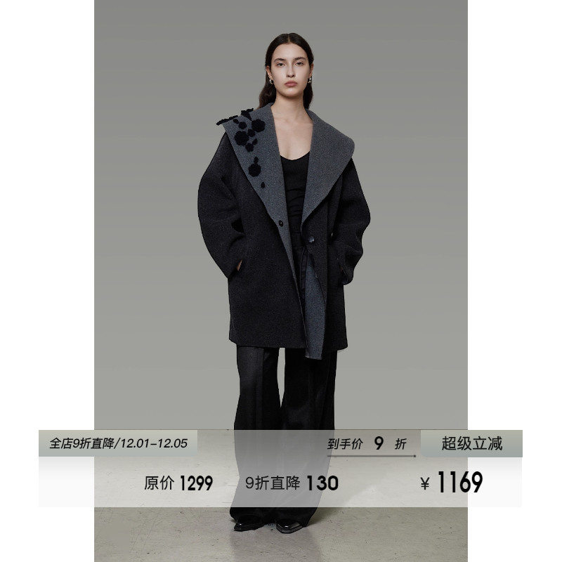 UNSPOKEN手工钉花翻领双面呢外套女冬季原创设计感中长款羊毛大衣