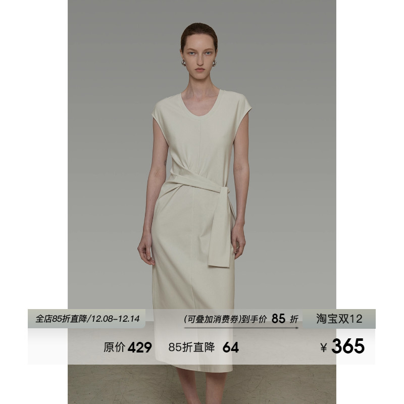 UNSPOKEN简约飞袖连衣裙女夏季2025新款宽松直筒不对称系带长裙子