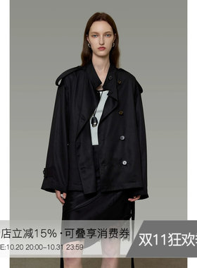 UNSPOKEN黑色短款风衣女气质肌理感双排扣宽松小众高级感显瘦外套