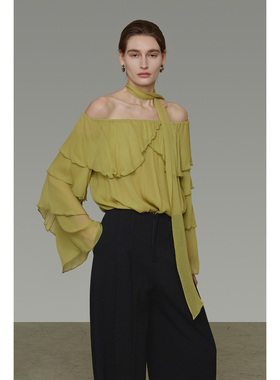 UNSPOKEN飘带荷叶边衬衫一字肩露肩设计轻盈丝滑感气质长袖衬衣