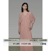 UNSPOKEN法式 v领长裙 慵懒松弛感灯笼袖 亚麻连衣裙女2025夏季 新款