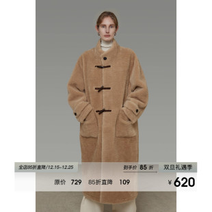 UNSPOKEN立领牛角扣皮毛一体女冬季 毛毛外套 复古慵懒风加厚长款