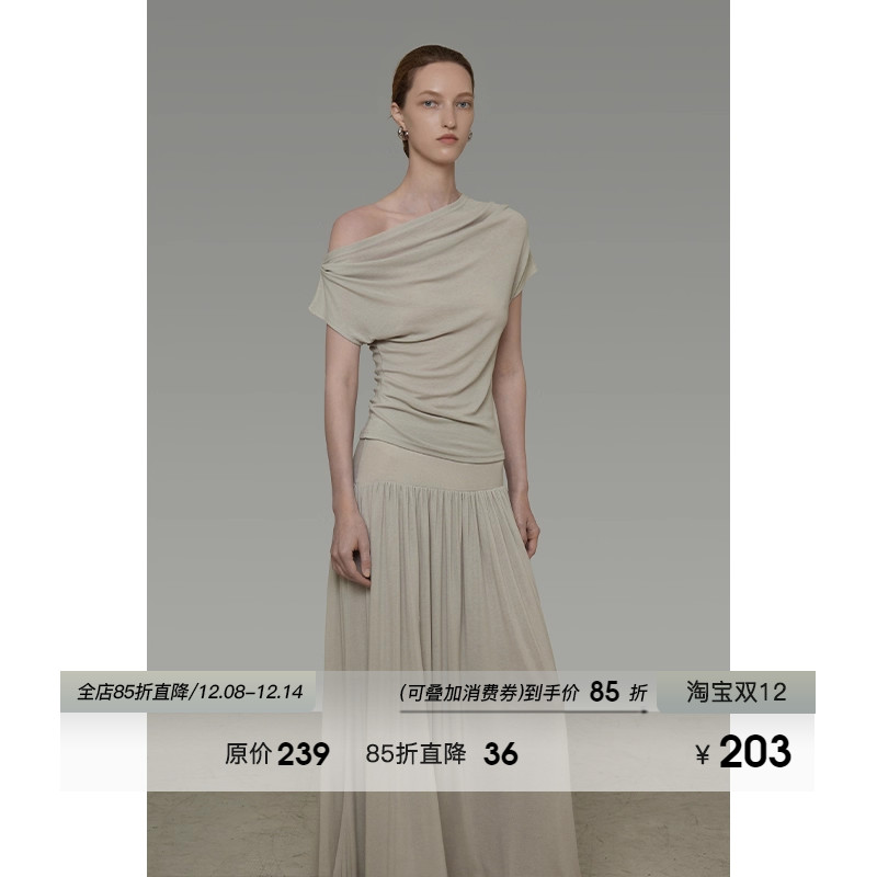 UNSPOKEN设计感褶皱斜肩短袖T恤女夏季2025新款宽腰头垂感半身裙