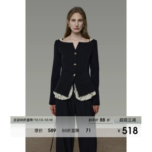 UNSPOKEN撞色拼接短外套女一字方领露肩气质独特设计感假两件上衣