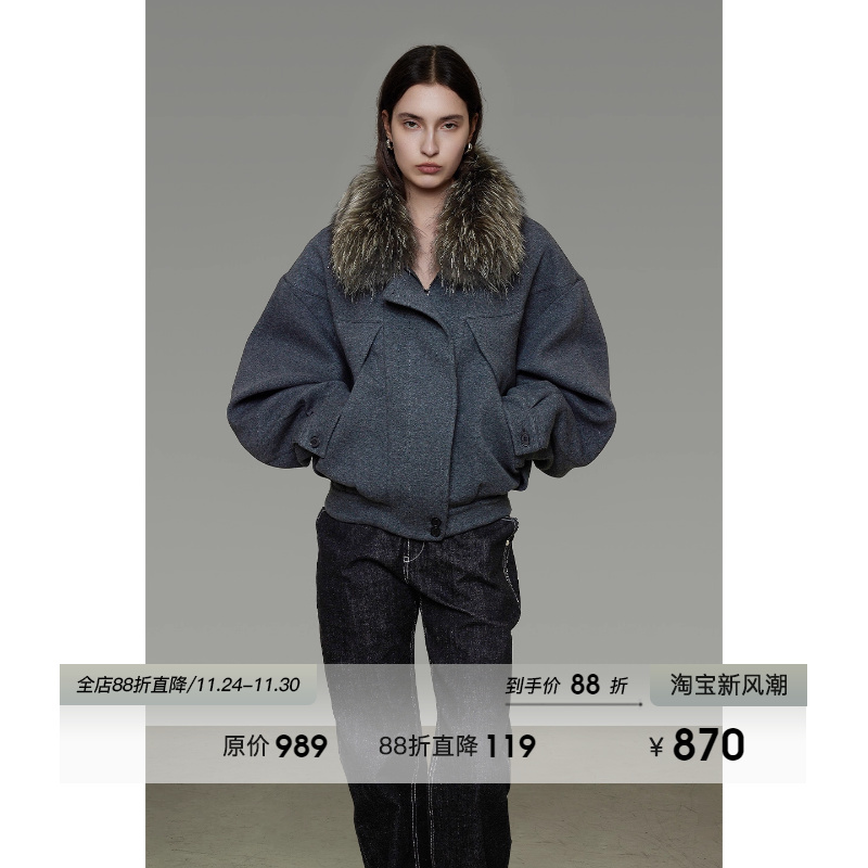 UNSPOKEN毛领短款棉服女冬季厚款小众设计感宽松显瘦防风夹棉外套