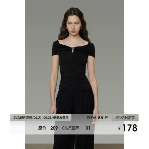 UNSPOKEN短袖针织衫女一字肩设计高级感扭结小众气质法式露肩上衣