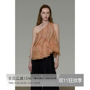 UNSPOKEN斜肩印花上衣女露肩宽松无袖气质显瘦法式衬衫夏2026新款
