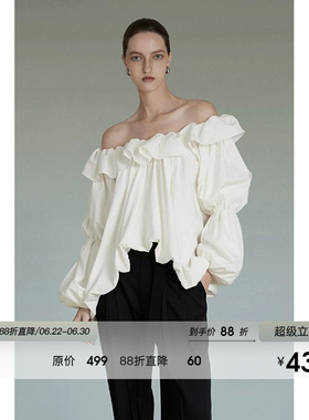 UNSPOKEN白色法式一字肩上衣女春季设计感灯笼袖衬衫通勤高级感