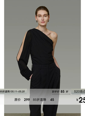 UNSPOKEN斜肩黑色衬衫女单侧长袖小众设计感露肩法式显瘦气质上衣