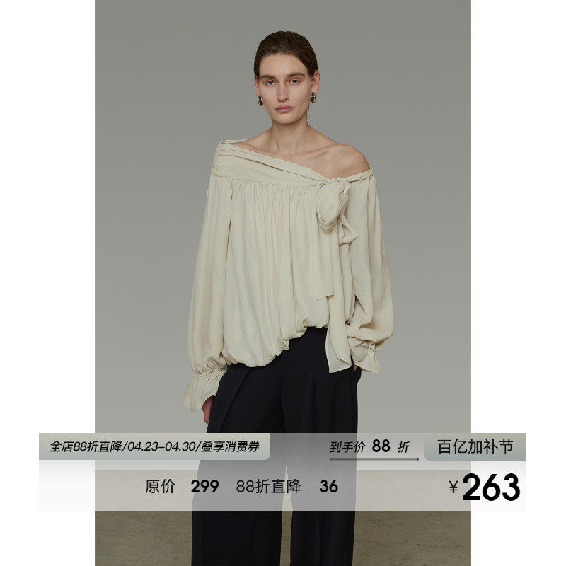 UNSPOKEN法式不规则斜肩衬衫女春季2026新款设计感系带露肩上衣