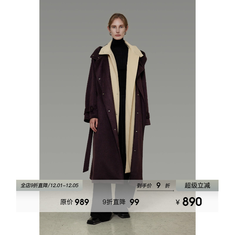 UNSPOKEN撞色假两件单面呢大衣