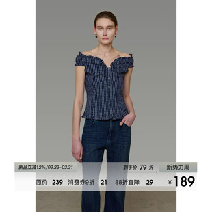 短袖 气质设计高级感露锁骨修身 衬衣 女一字领法式 UNSPOKEN条纹衬衫