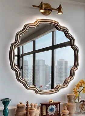 北欧美式复古浴室镜壁炉装饰镜LED镜智能发光镜梳妆台带灯化妆镜