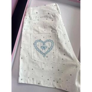 美式简约烫银星星贝壳刺绣牛仔短裤女版夏季新款爱心直筒阔腿短裤