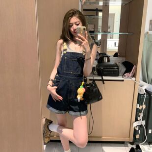 美式复古牛仔背带裤女夏薄款小个子宽松显瘦减龄学生高腰连体短裤