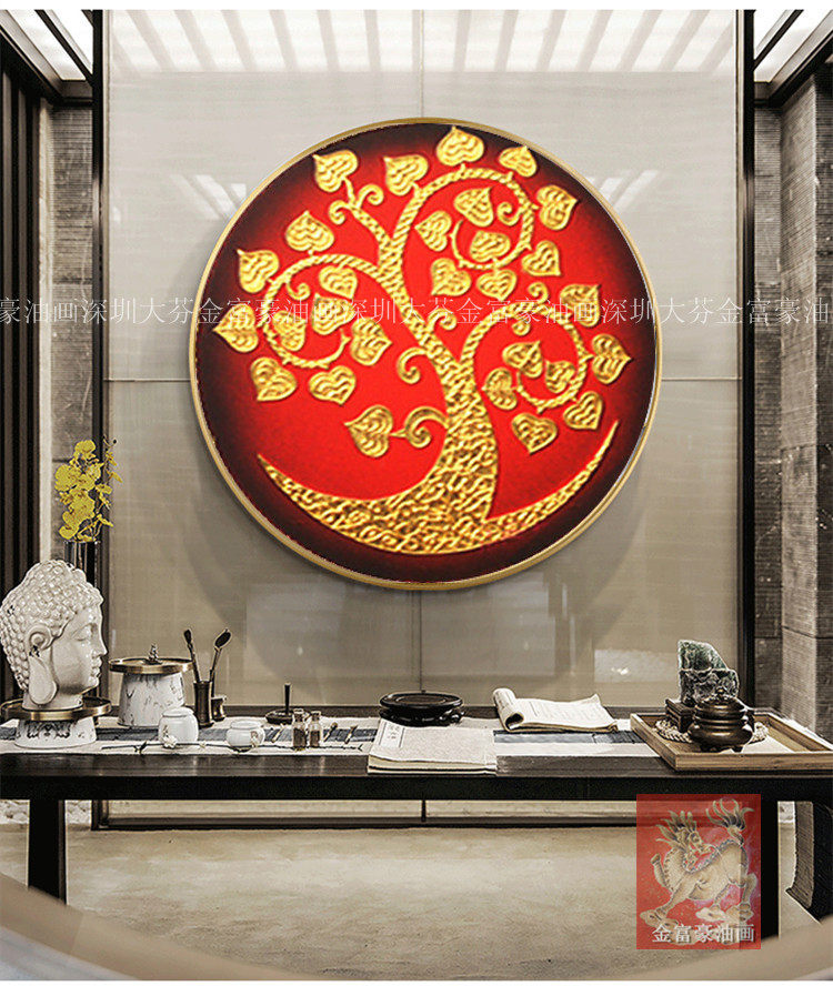 手绘东南亚泰式油画玄关家居酒店会所圆框红底金色菩提树装饰挂画