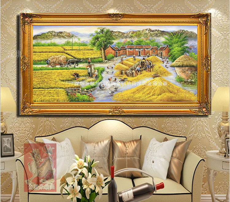 手绘高档稻田五谷丰收图田园风景油画酒店家居客厅办公室装饰挂画