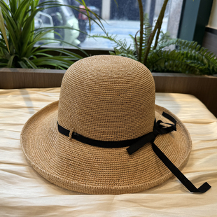 夏季 女拉菲草编草帽大帽檐遮阳防晒海边度假沙滩帽子蝴蝶结盆帽