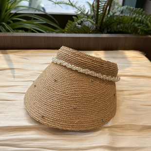 夏季 珍珠拉菲草空顶帽女防晒遮阳帽编织草帽发卡出游太阳帽凉帽潮