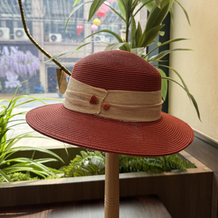 法式 防晒遮阳帽红色宽檐沙滩帽出游太阳凉帽 草编平顶草帽女夏季