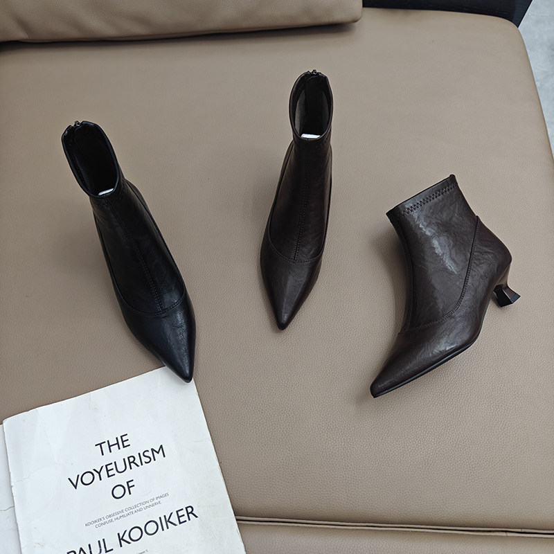 复古气质尖头短靴女2025冬季后拉链小个子细跟时尚加绒高跟瘦瘦靴