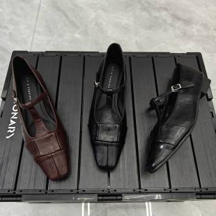 欧洲站2025新款复古软皮复古方头棕色玛丽珍鞋女粗跟百搭浅口单鞋