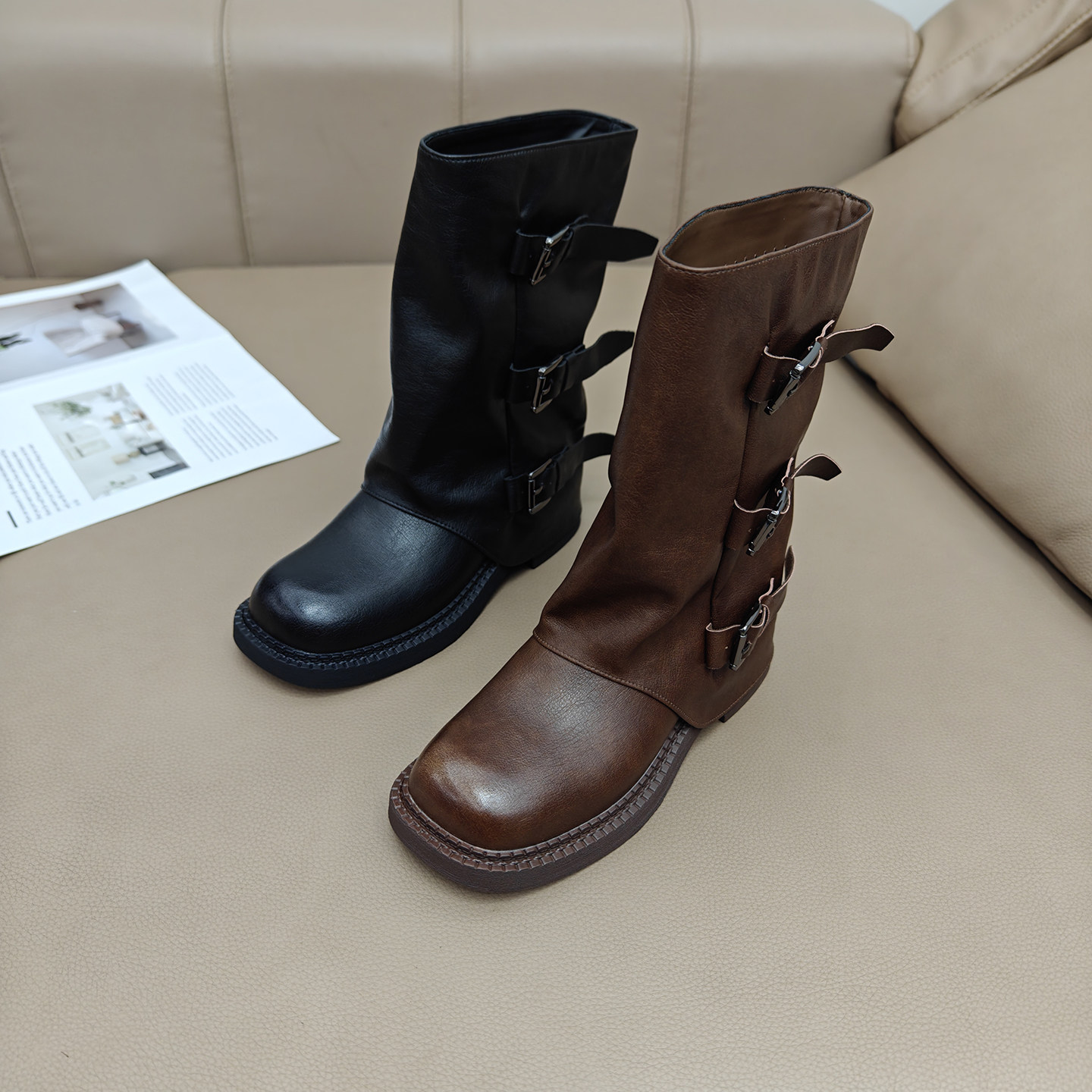 小众复古粗跟中筒靴西部牛仔堆堆靴女2025新款时尚法式马丁骑士靴,女鞋,时装靴,淘宝优惠券,粉丝福利购,淘宝优惠卷