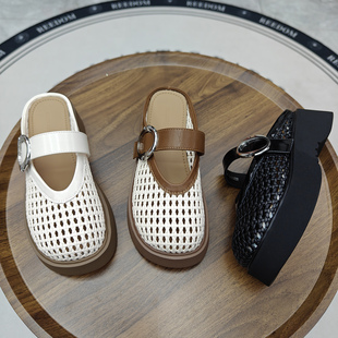 包头半拖鞋女2026夏季外穿透气编织厚底轻便一脚蹬配裙子罗马凉鞋