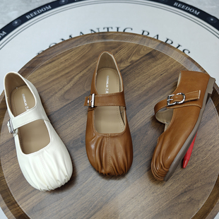 法式复古玛丽珍单鞋女2026新款褶皱方透平底配裙子软底舒适豆豆鞋